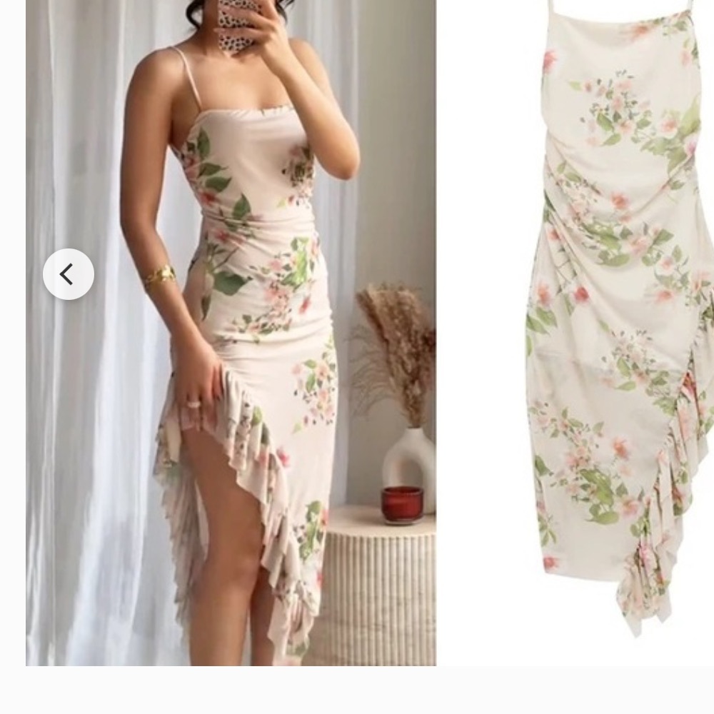 Zara Cream Floral Midi Dress with Pink & Green Print